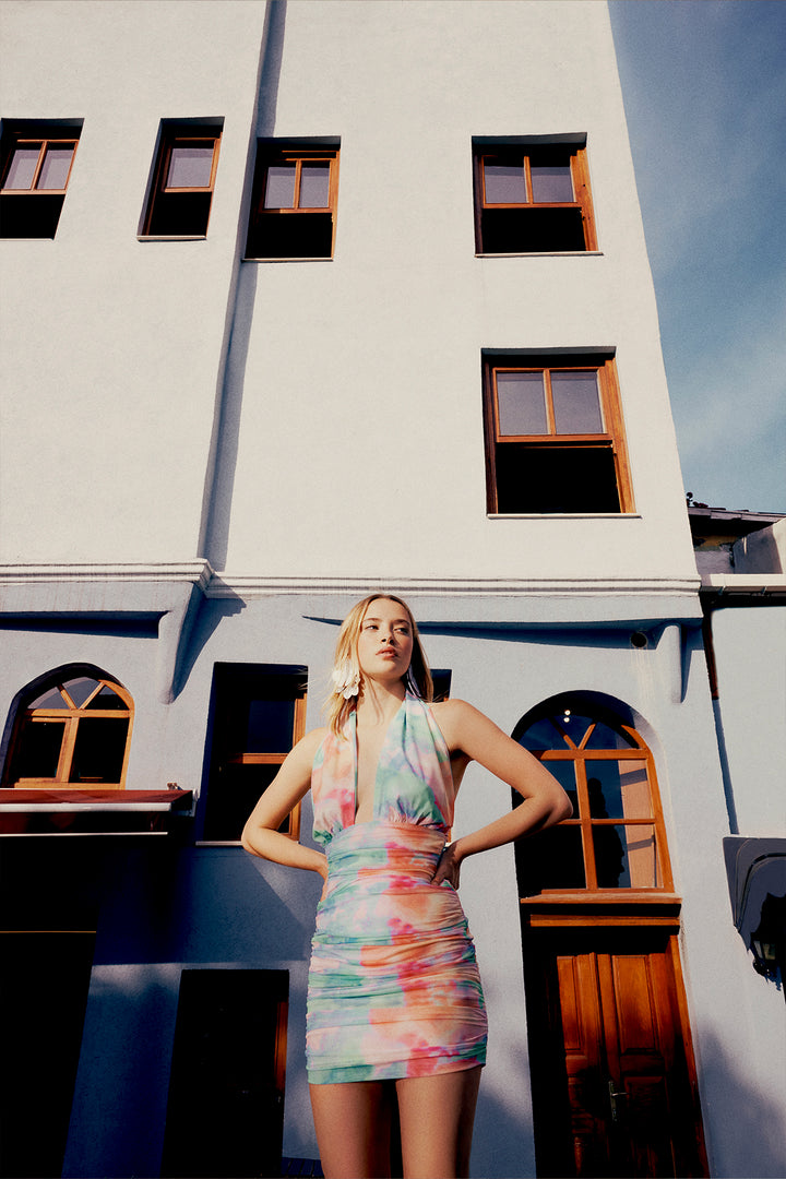 Colorful Halter Neck Draped Dress Mint