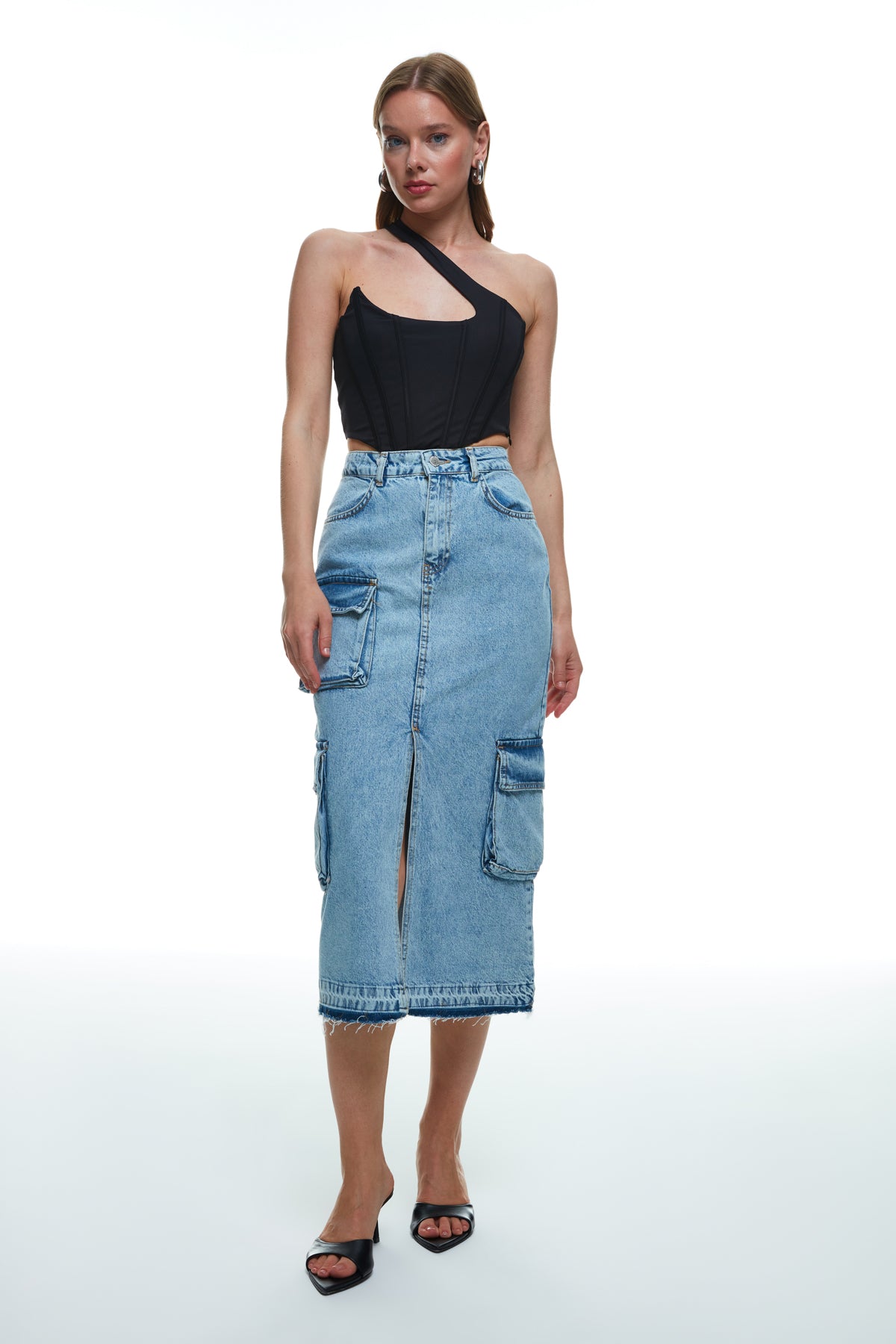 Cargo Pocket Detailed Slit Midi Denim Skirt Blue