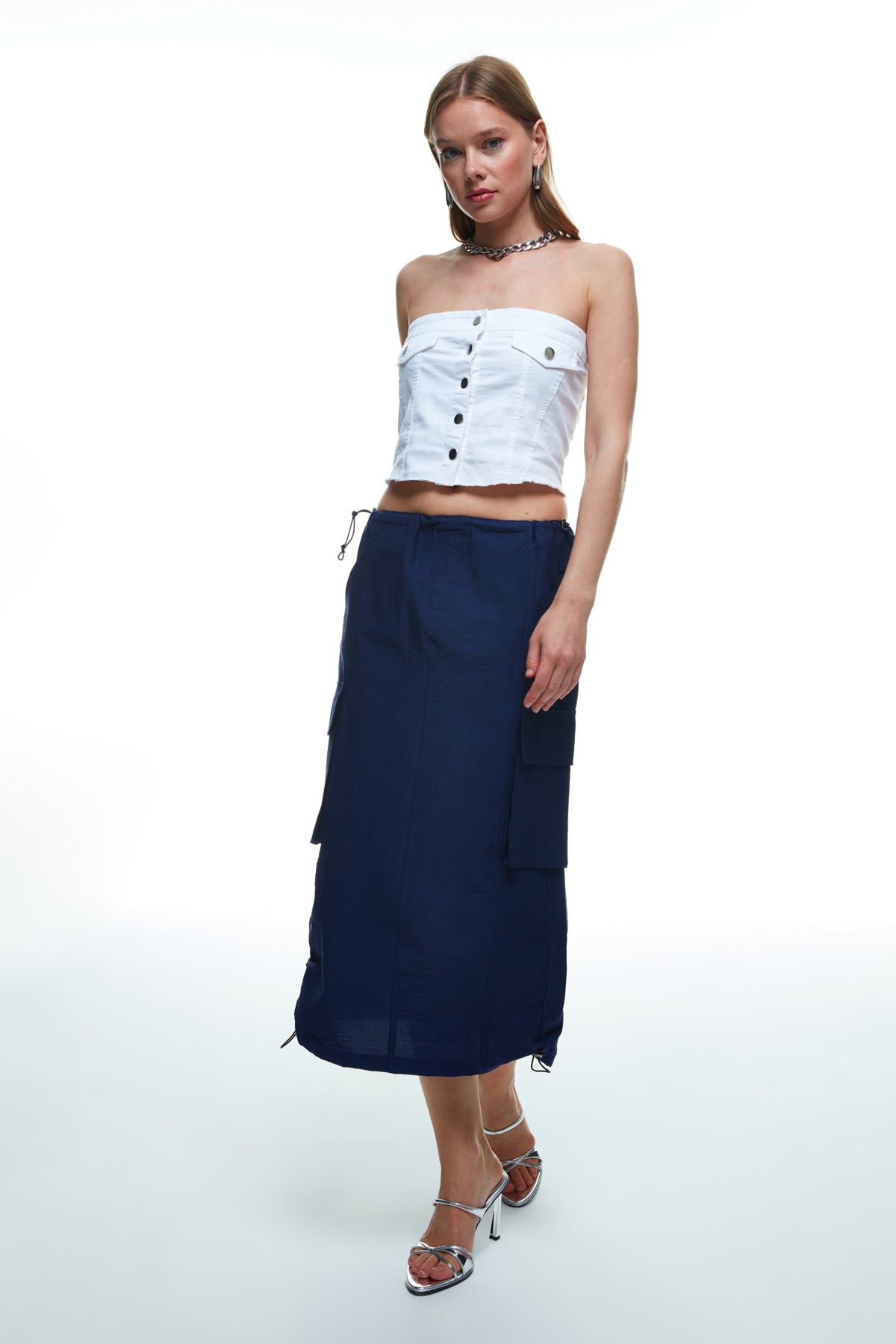 Pleated Pocket Detailed Cargo Skirt Navy Blue