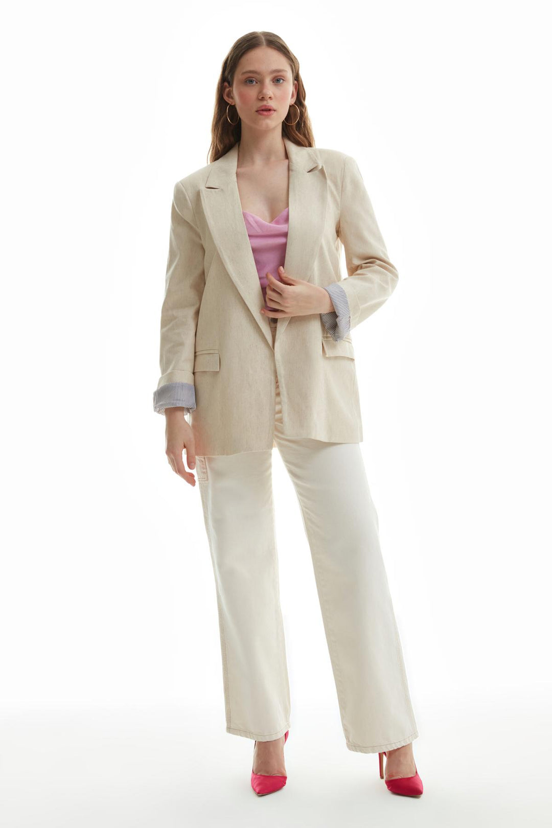 Kol Detaylı Keten Blazer Ceket Naturel