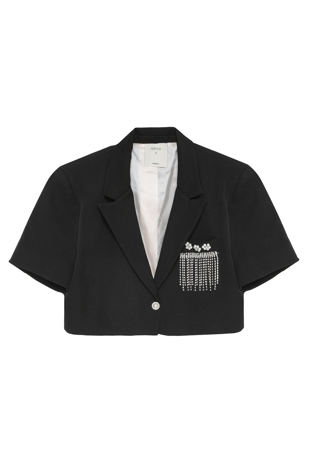 Stone Accessory Pocket Crop Blazer Jacket Black