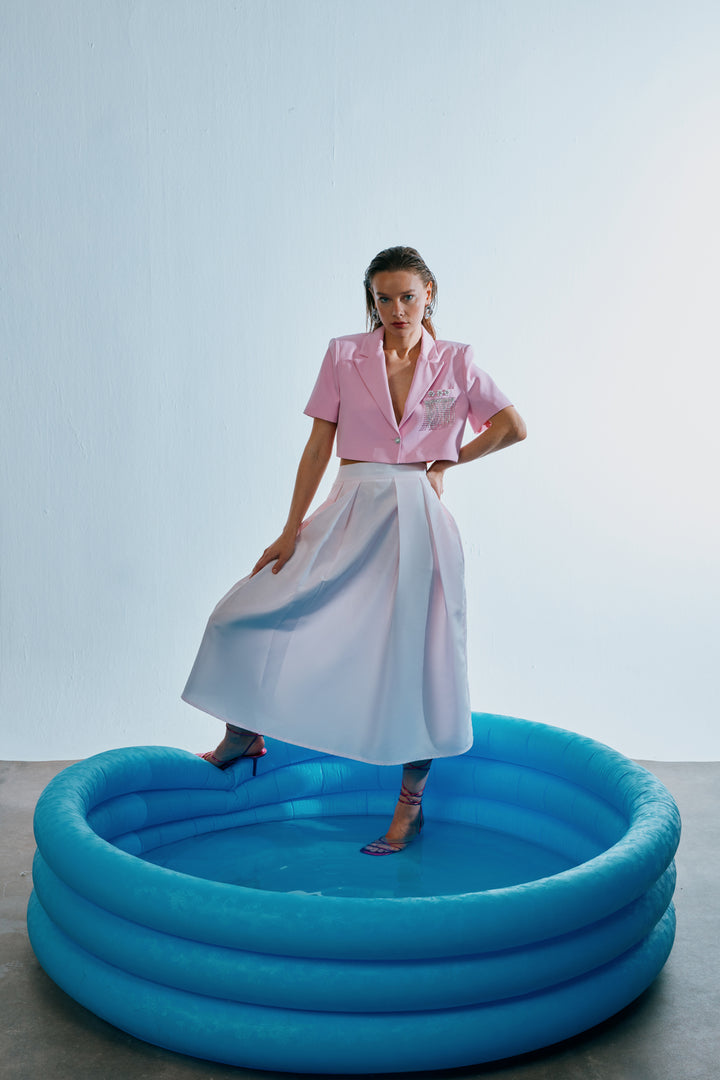 Taş Aksesuar Cepli Crop Blazer Ceket Pembe