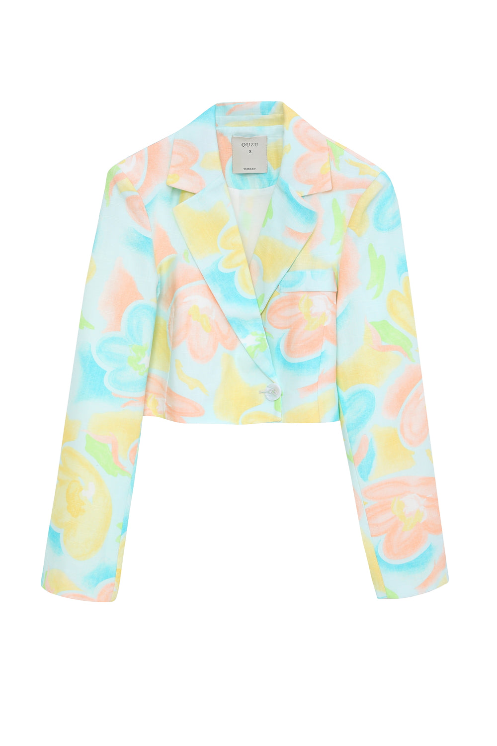 Colorful Patterned Crop Blazer Jacket Yellow