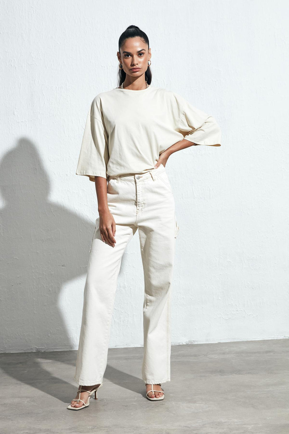 Wide Leg Cargo Jeans Stone