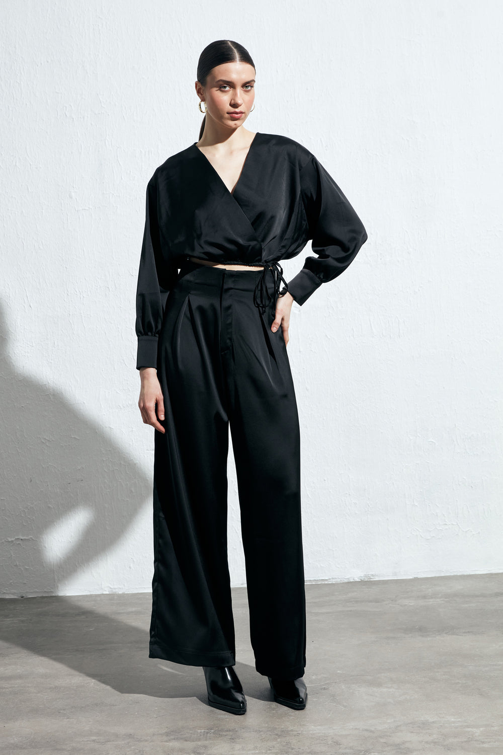 High Waist Satin Wide Leg Trousers Black