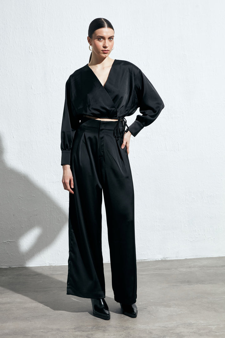 High Waist Satin Wide Leg Trousers Black