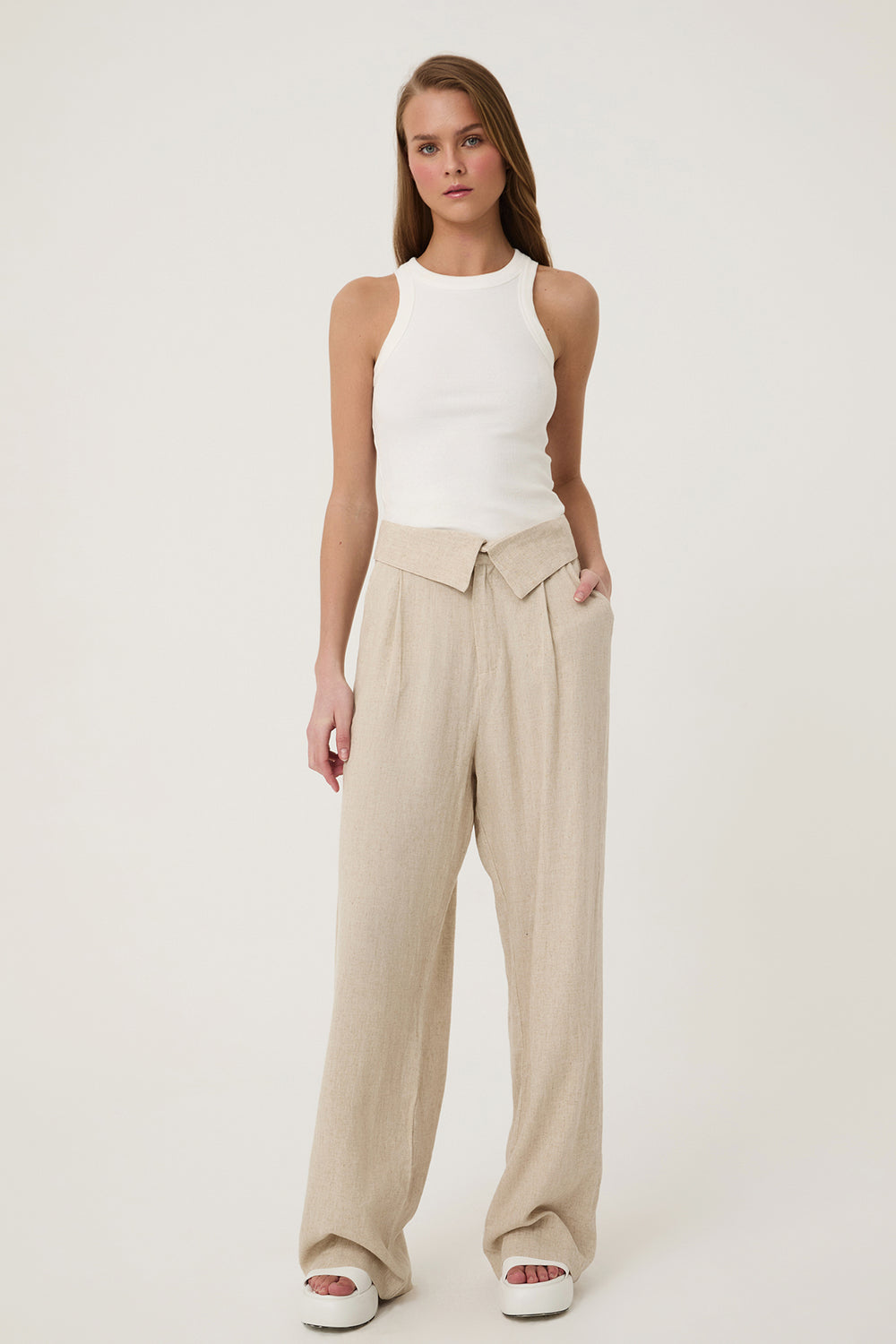 Waist Detailed Wide Leg Linen Trousers Natural