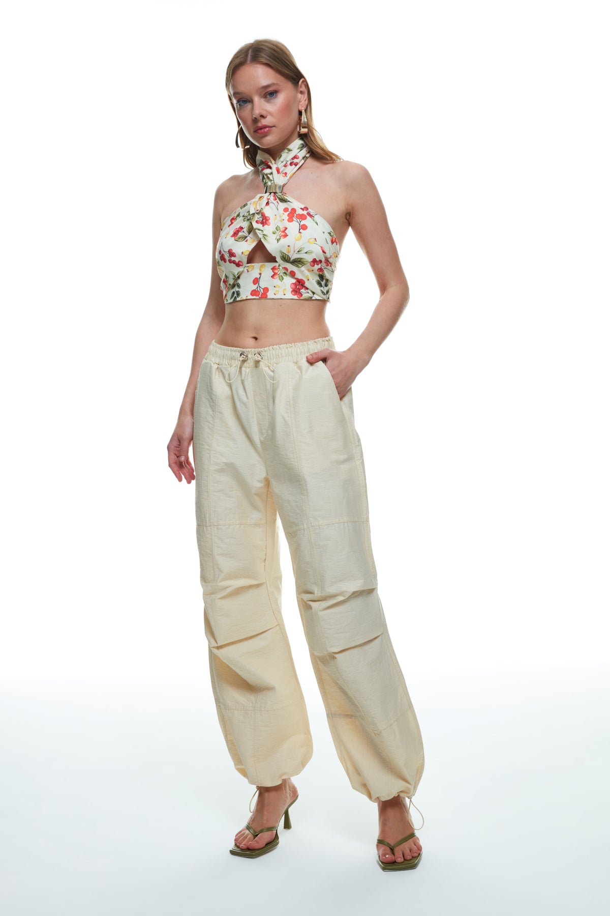 Wide Leg Parachute Pants Beige