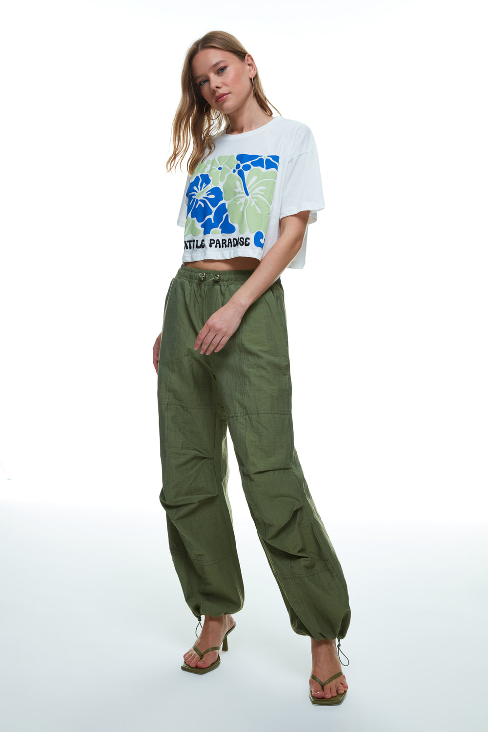 Wide Leg Parachute Pants Khaki