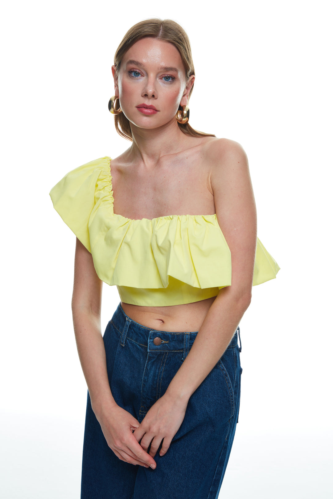 Ruffle Detailed One-Shoulder Crop Blouse Yellow
