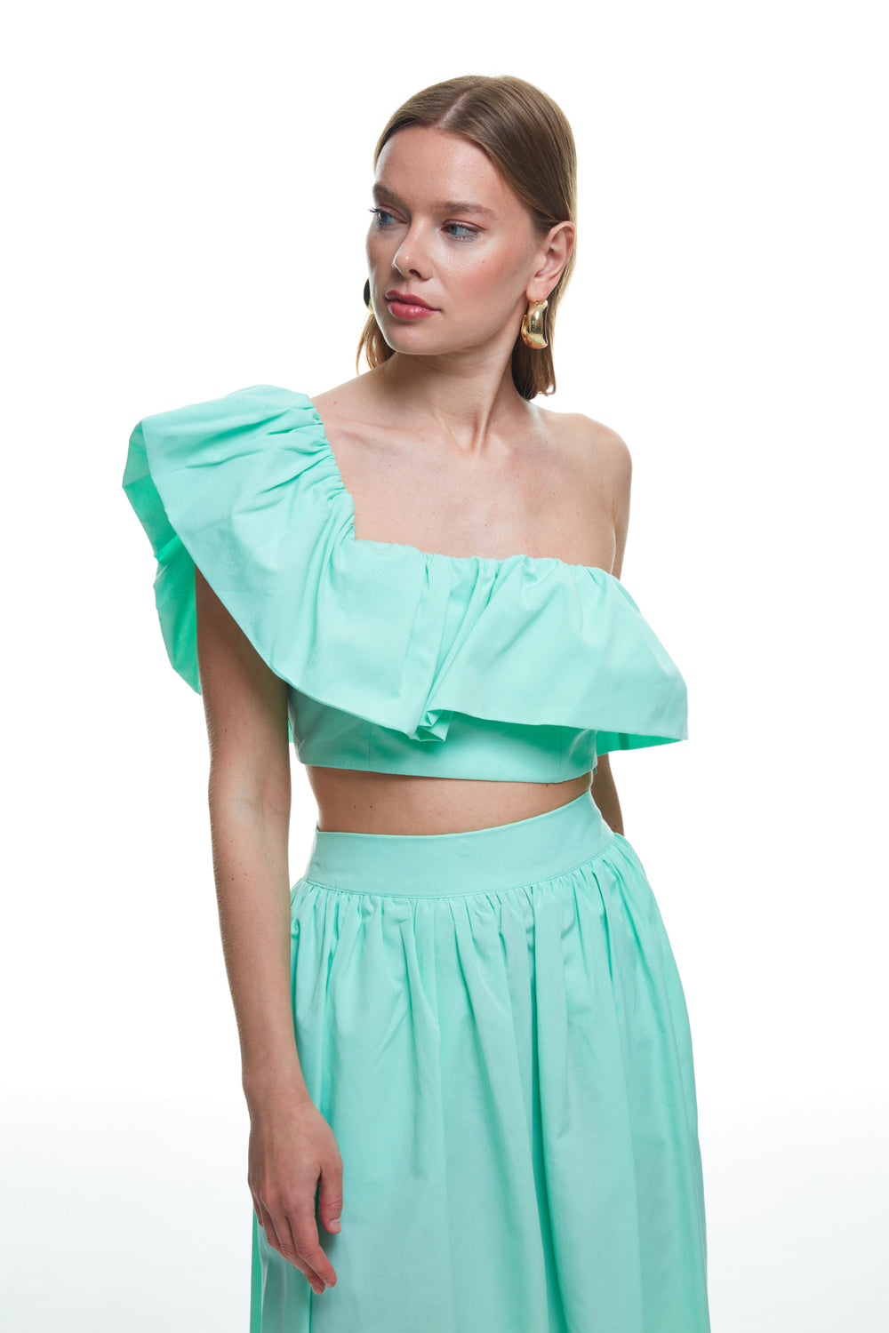 Ruffle Detailed One-Shoulder Crop Blouse Mint