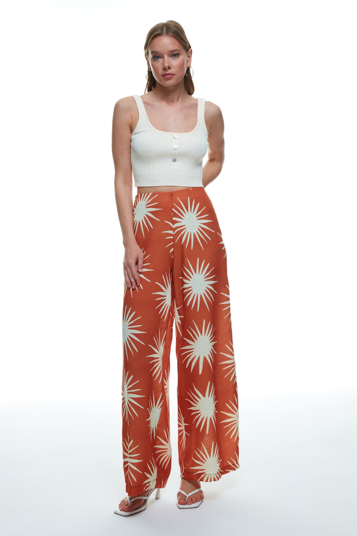 Patterned High Waist Wide Leg Trousers Tile