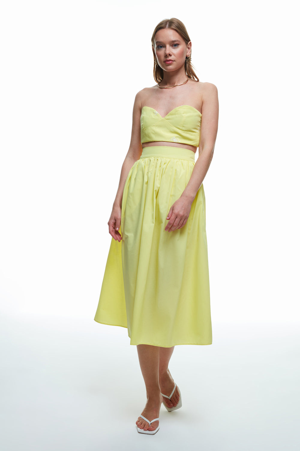 High Waist Pleated Detailed Midi Skirt Yellow
