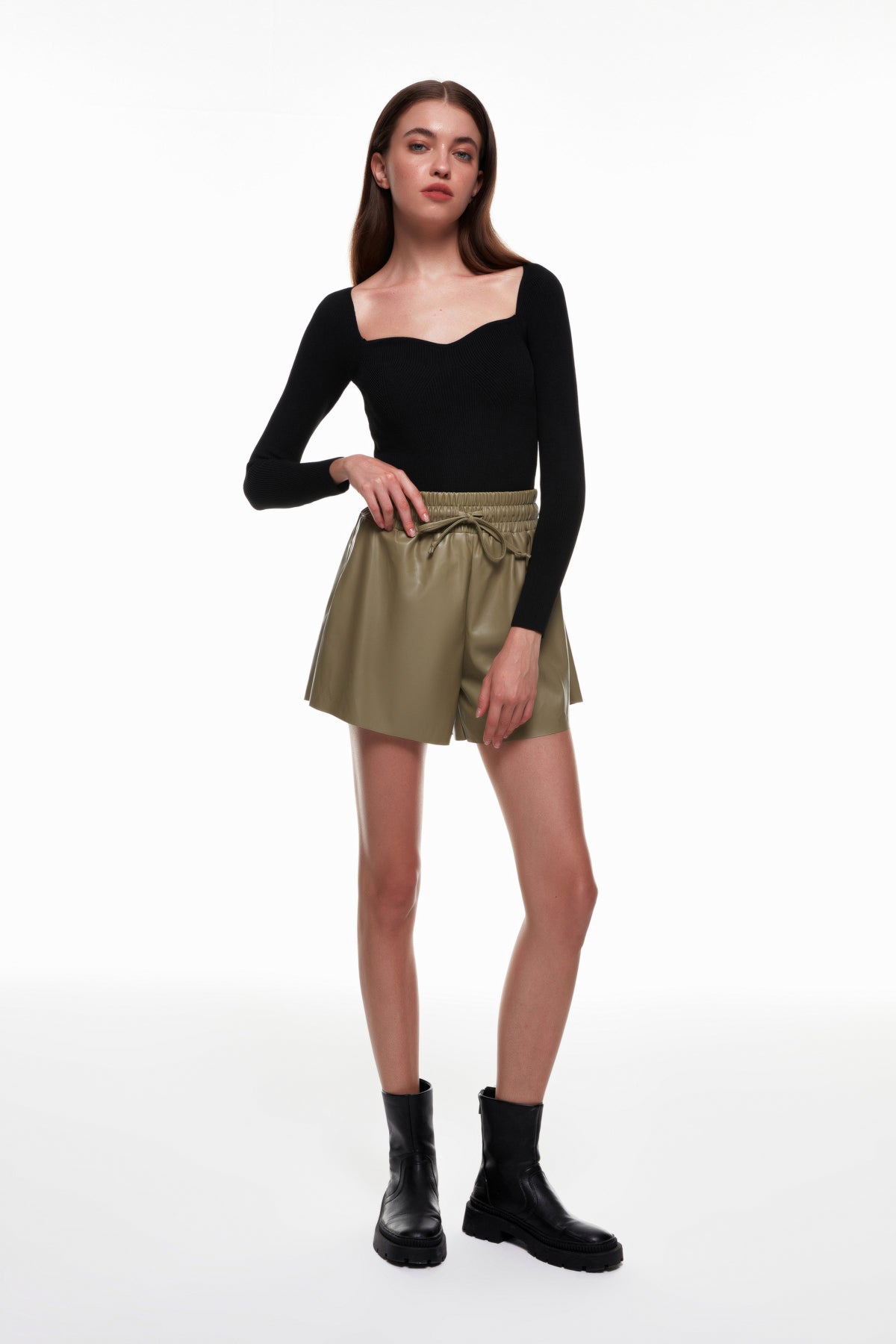 Elastic Waist Leather Mini Shorts Khaki