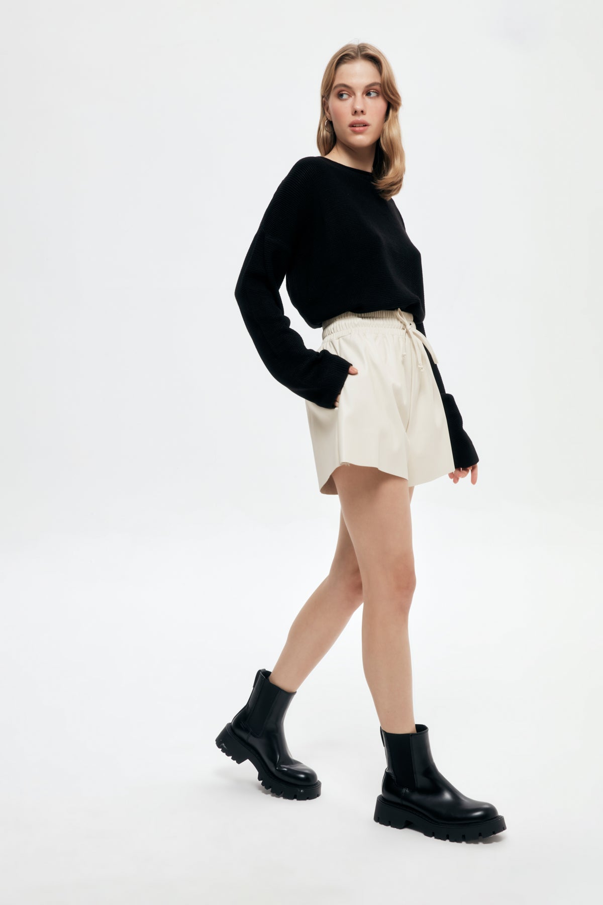 Leather Mini Shorts with Elastic Waist Stone