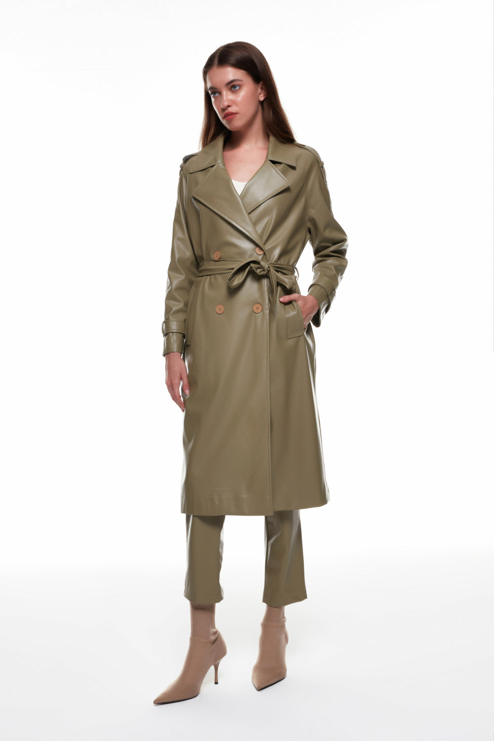 Tie Detailed Leather Trench Coat Khaki