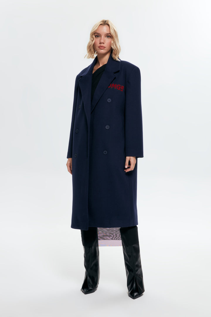 Nakış Detaylı Kaşe Uzun Kaban Lacivert