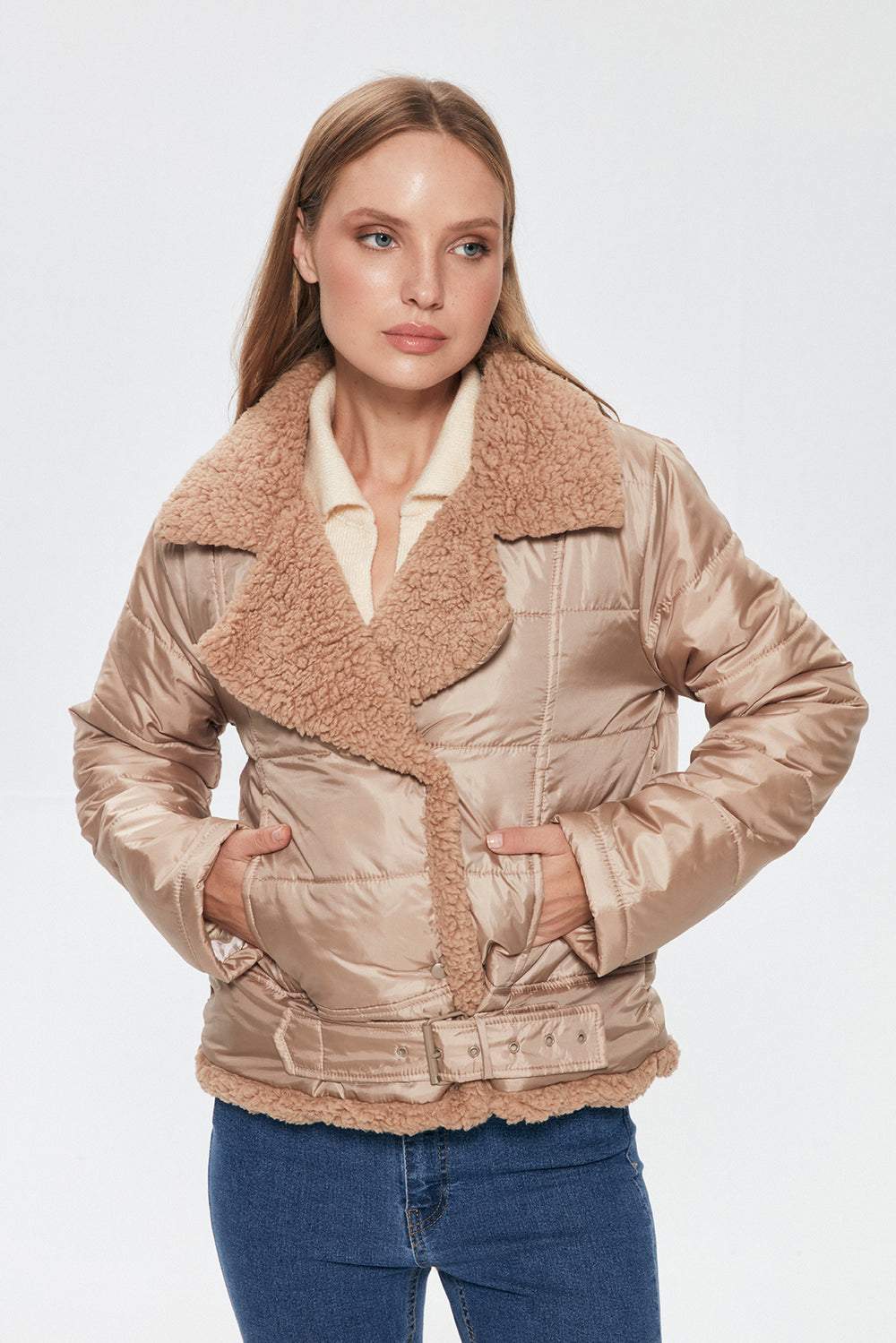 Plush Detailed Puffer Coat Beige