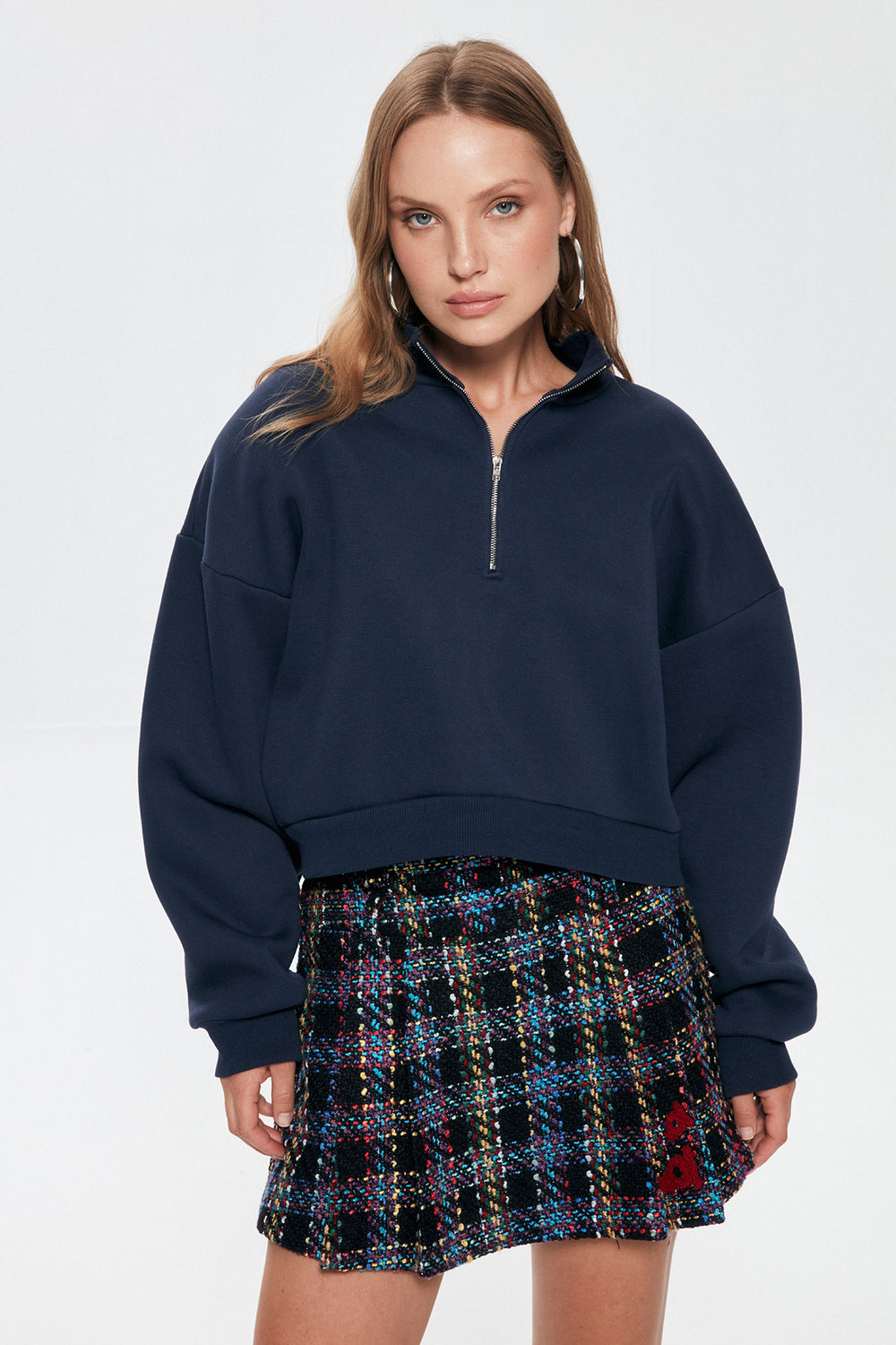 Zipper Detailed Crop Sweatshirt Navy Blue