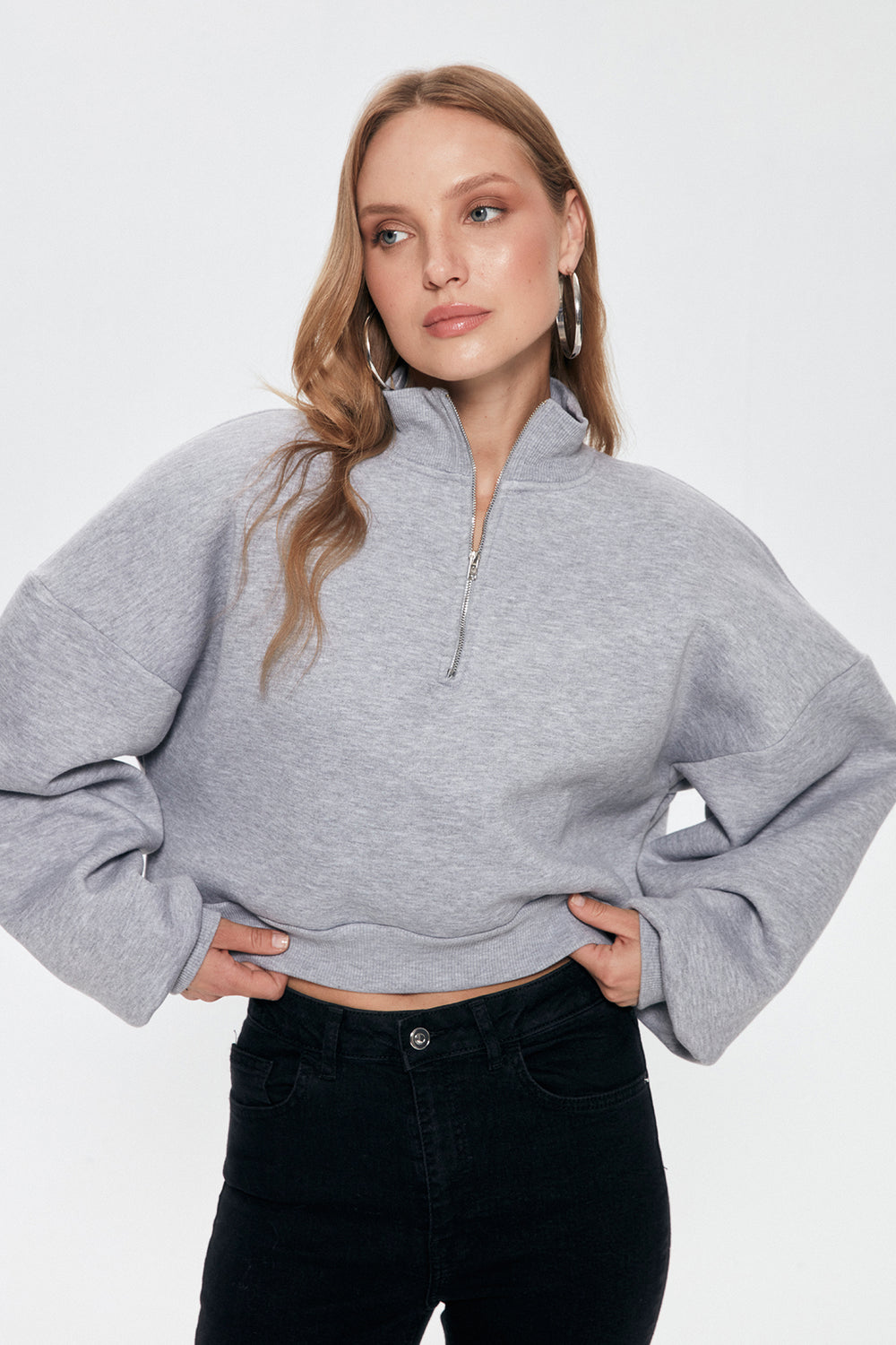 Fermuar Detaylı Crop Sweatshirt Grimelanj