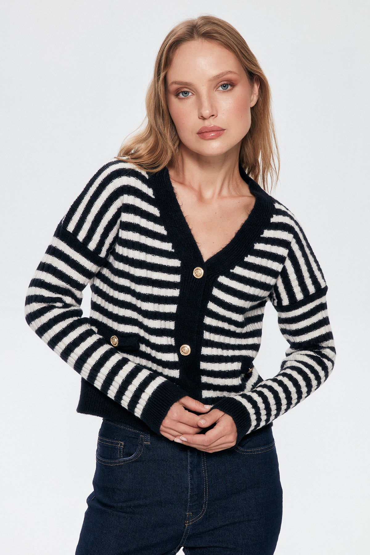 Button Detailed Striped Cardigan Navy Blue