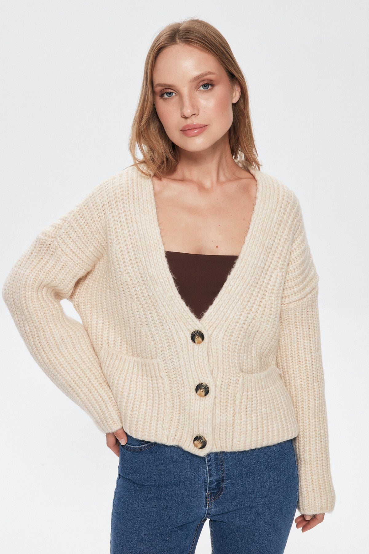 Button Detailed Pocket Knitted Cardigan Stone