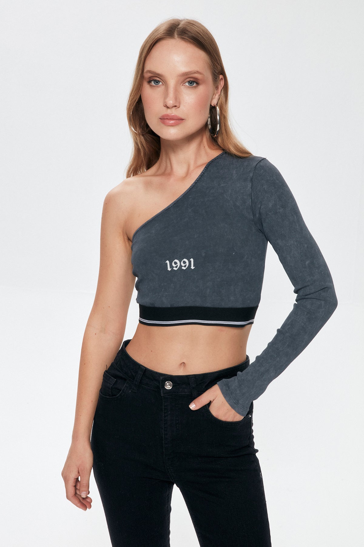 One Shoulder Crop Blouse with Elastic Waist Anthracite