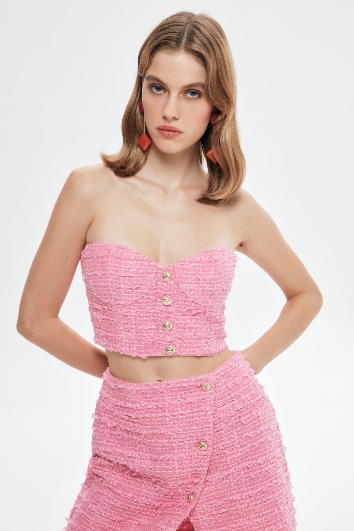 Button Detailed Tweed Bustier Blouse Pink