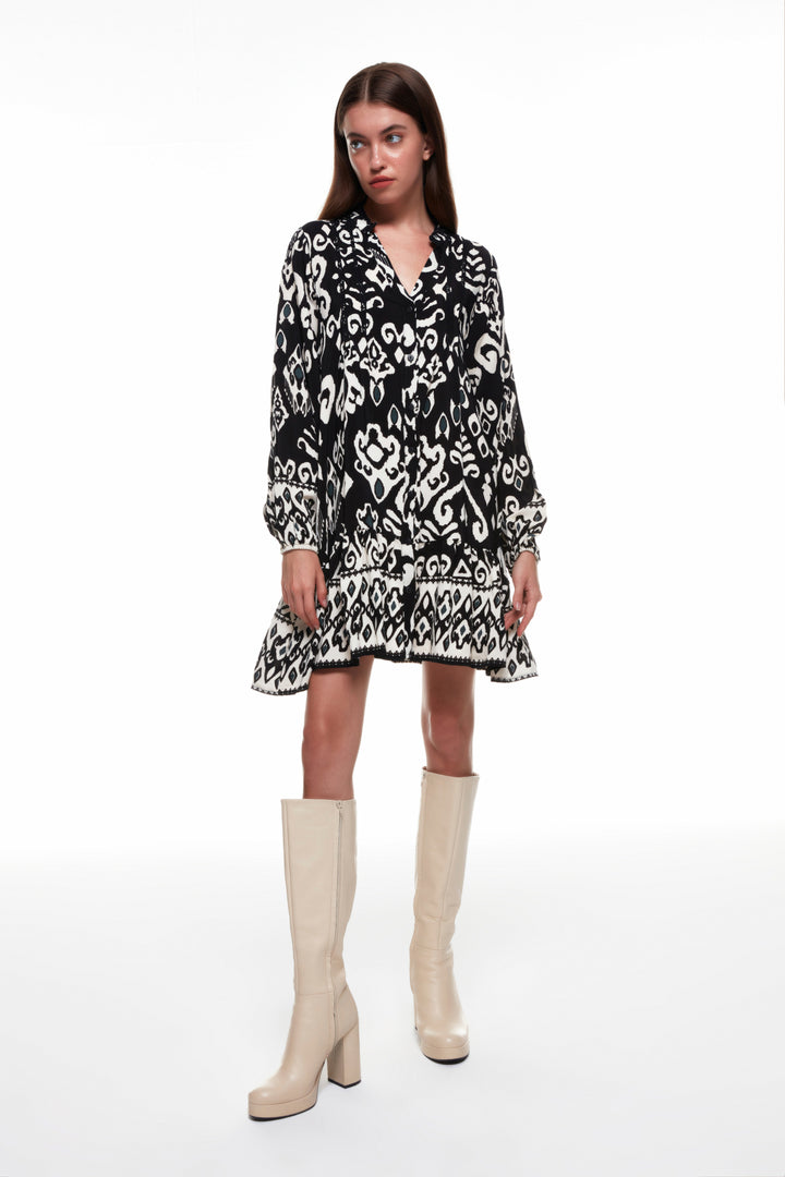 Pleated Patterned Mini Dress Black