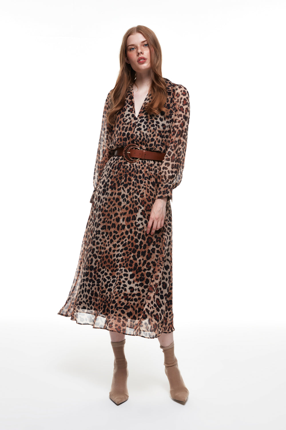 Leopard Long Dress Brown with Belt Detail