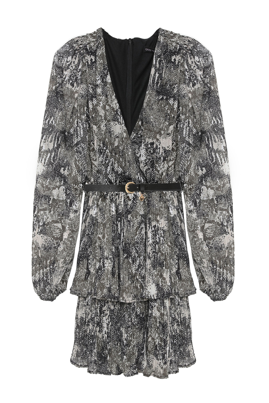 Pilise Detaylı Desenli Mini Elbise Siyah