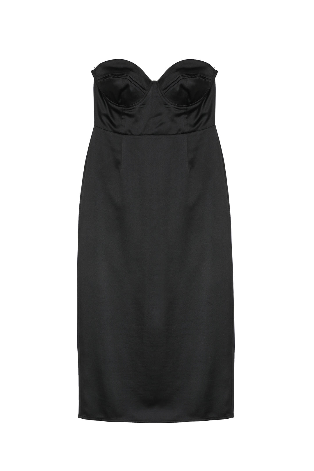 Saten Detaylı Straplez Midi Elbise Siyah