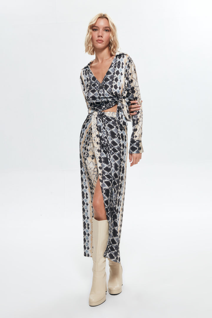 Tie Detailed Patterned Satin Skirt Beige