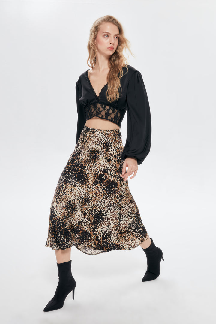Leopard Pattern Satin Midi Skirt Brown
