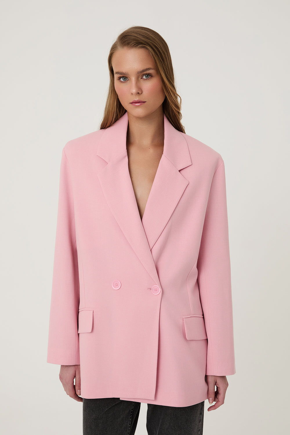 Kruvaze Yaka Oversize Blazer Ceket Pembe