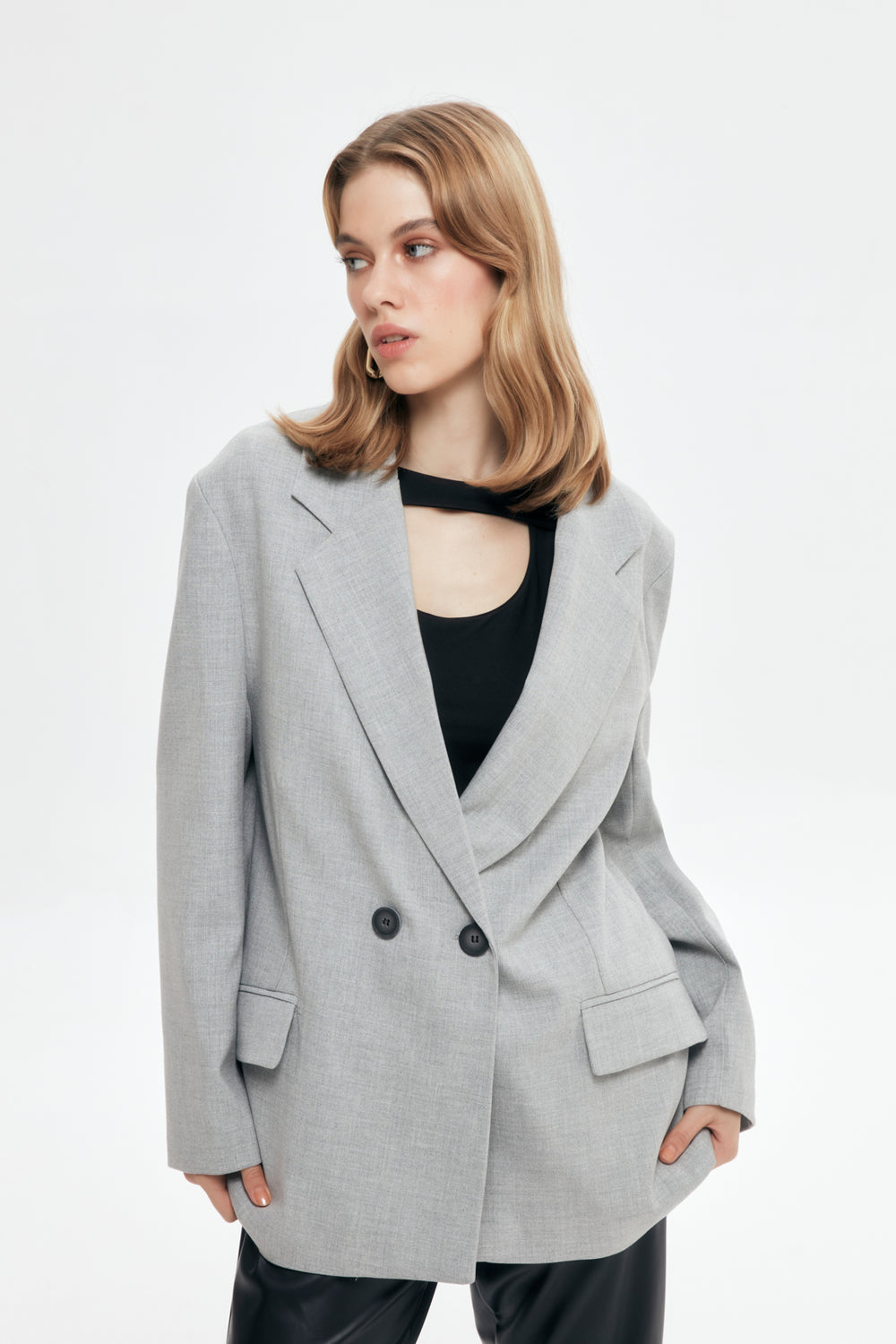 Double Breasted Lapel Oversize Blazer Jacket Light Gray