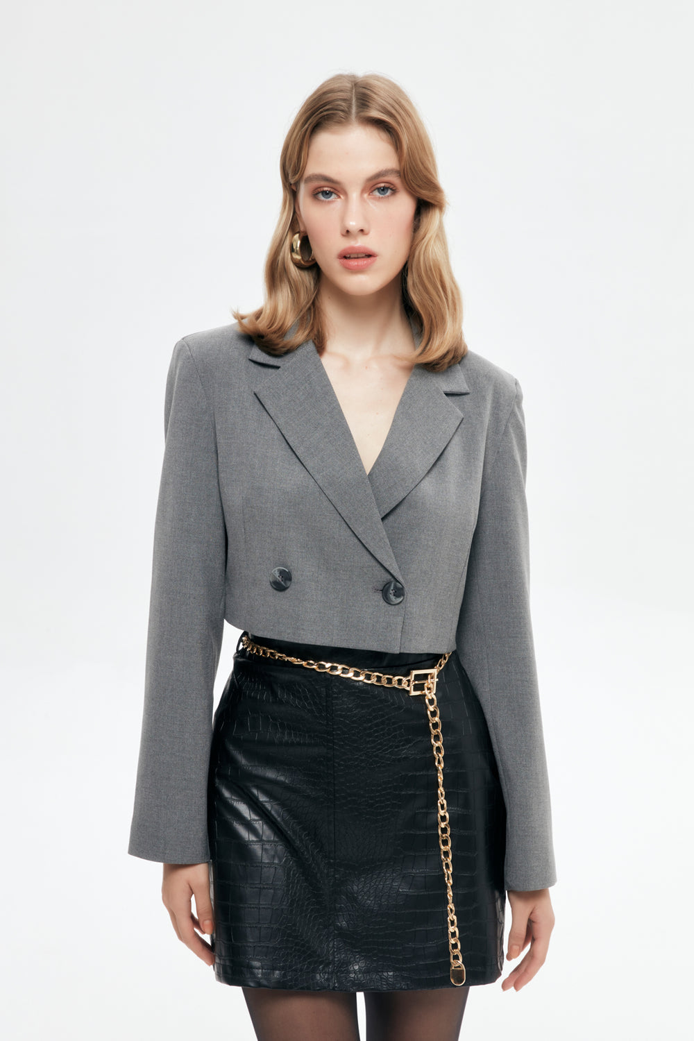 Padding Detailed Crop Blazer Jacket Gray