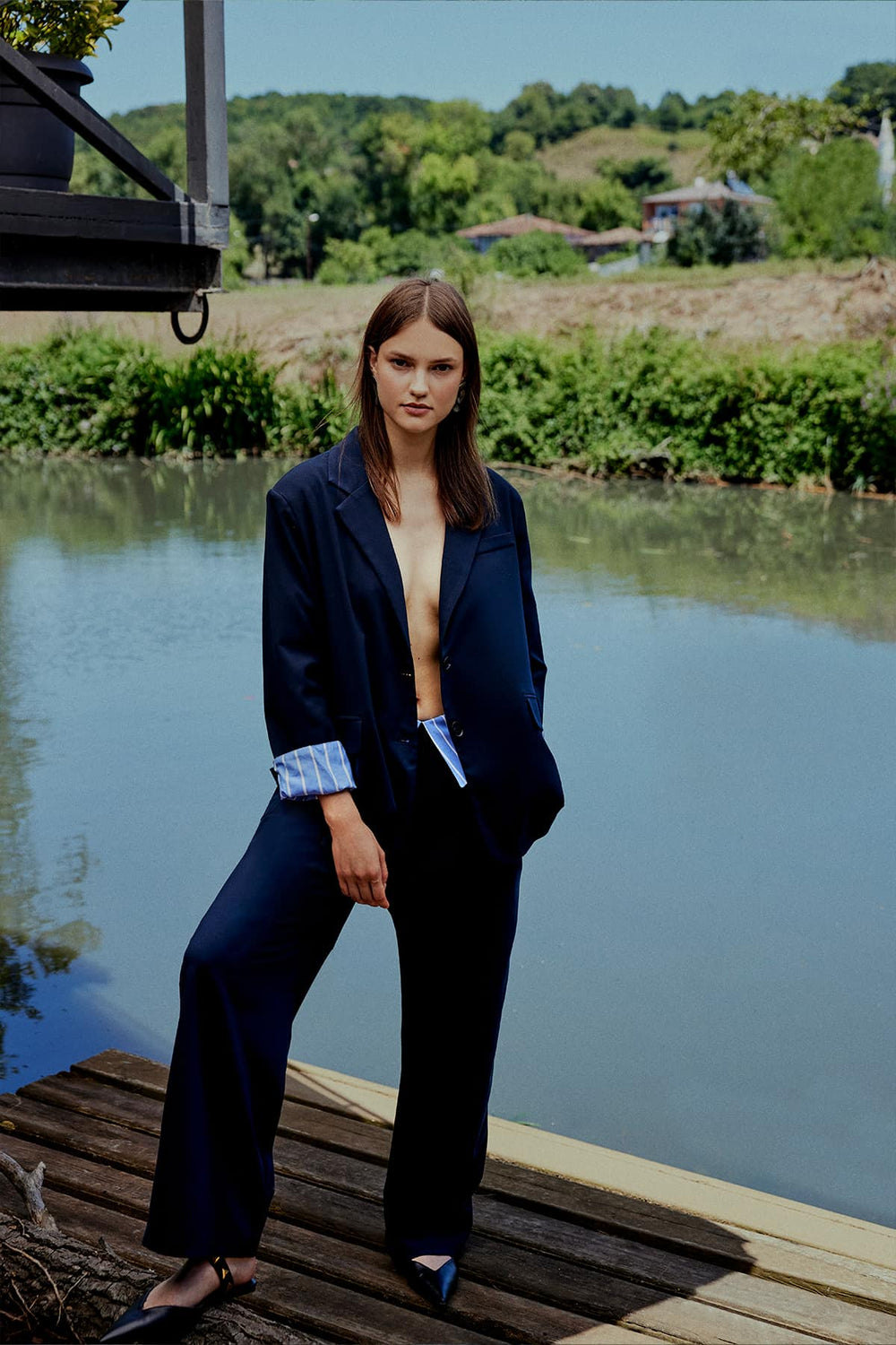 Lined Striped Blazer Jacket Navy Blue