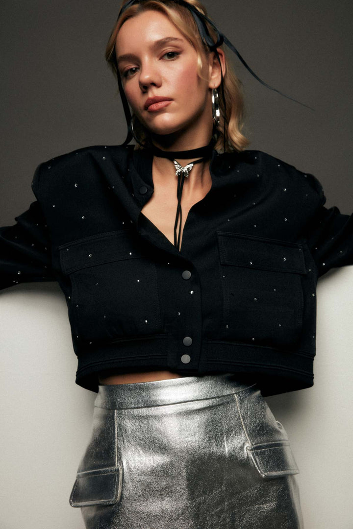 Taş Detaylı Cepli Crop Ceket Siyah