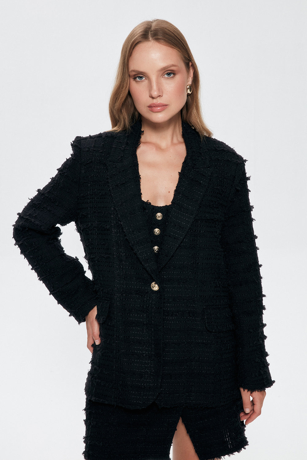 Single Button Tweed Blazer Jacket Black