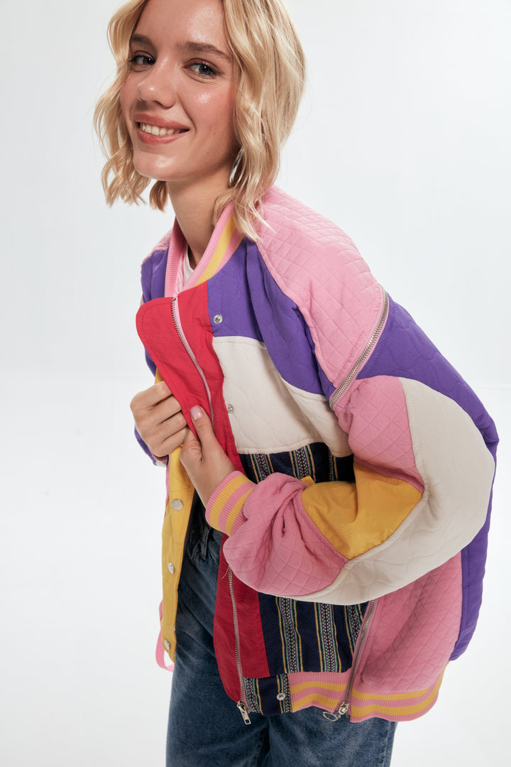 Button Detailed Colorful Bomber Jacket Pink