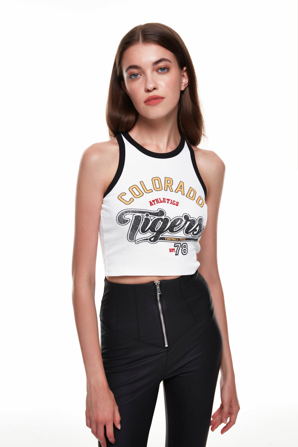 Print Detailed Crop Tank Top Ecru