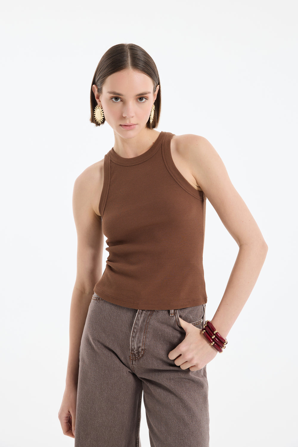 Halter Yaka Basic Fitilli Atlet Kahverengi