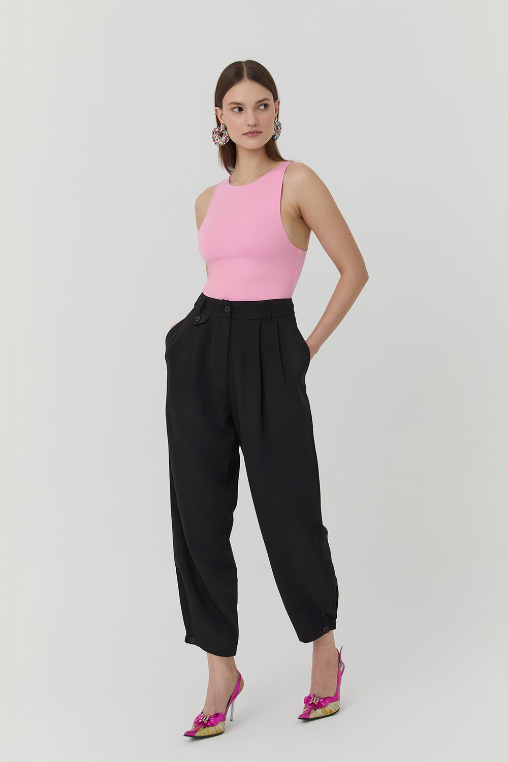 Button Detailed High Waist Trousers Black