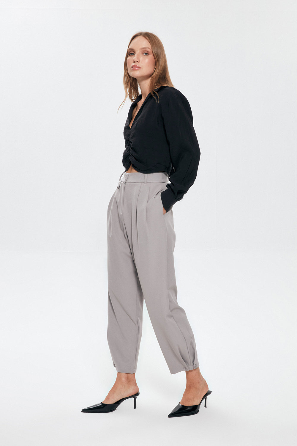 Button Detailed High Waist Trousers Gray