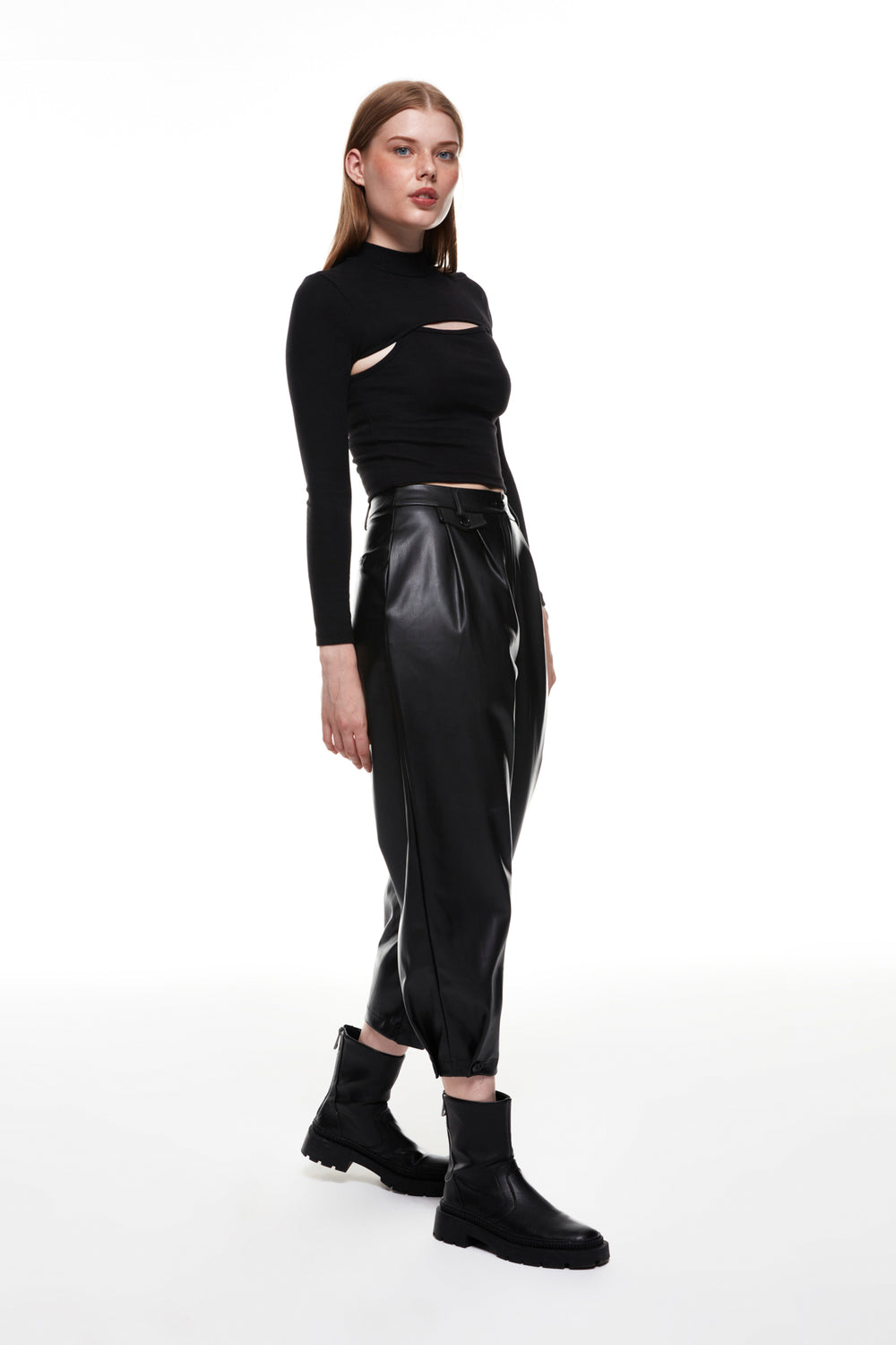 Button Detailed High Waist Leather Trousers Black