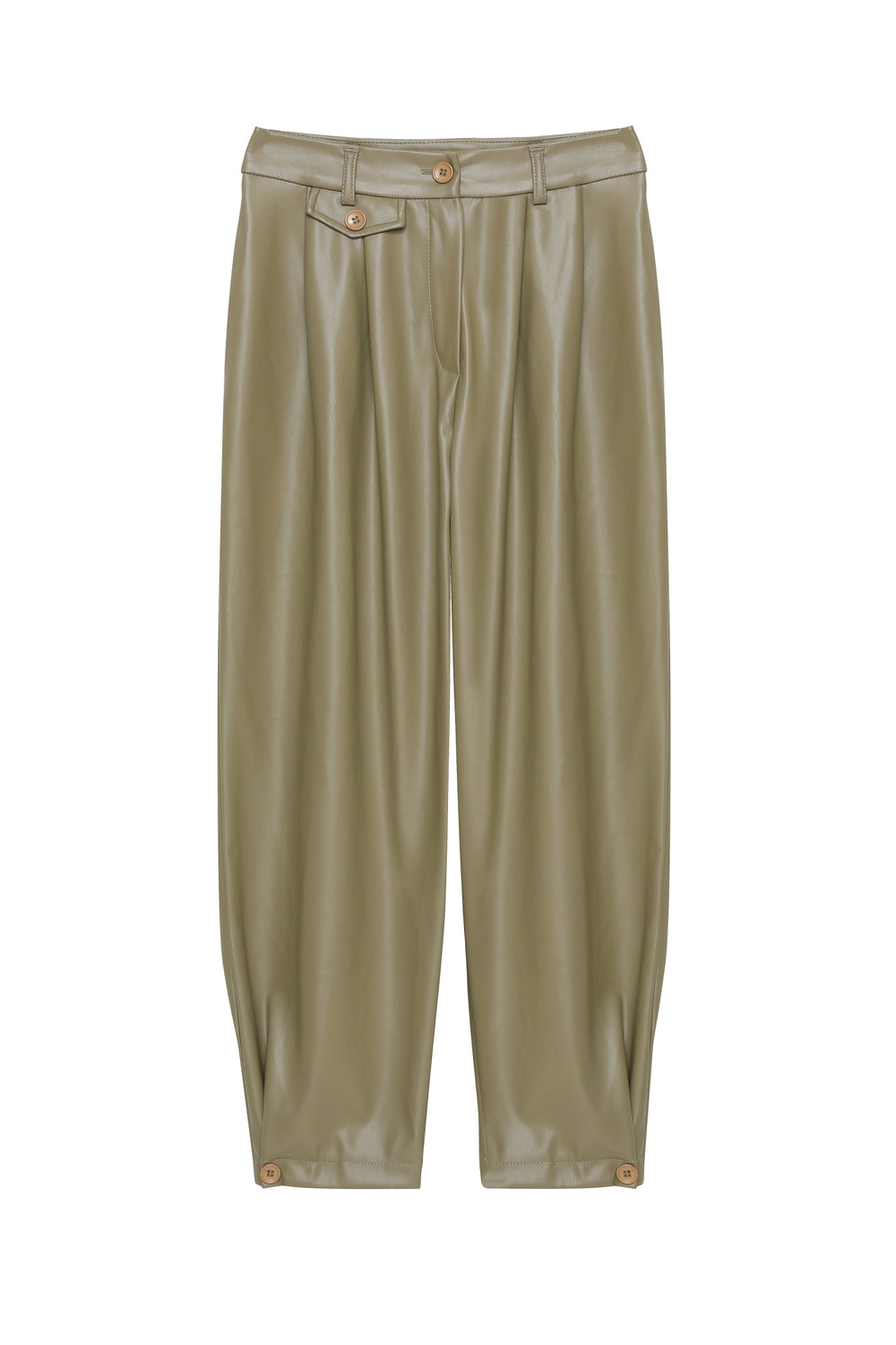 Button Detailed High Waist Leather Trousers Khaki