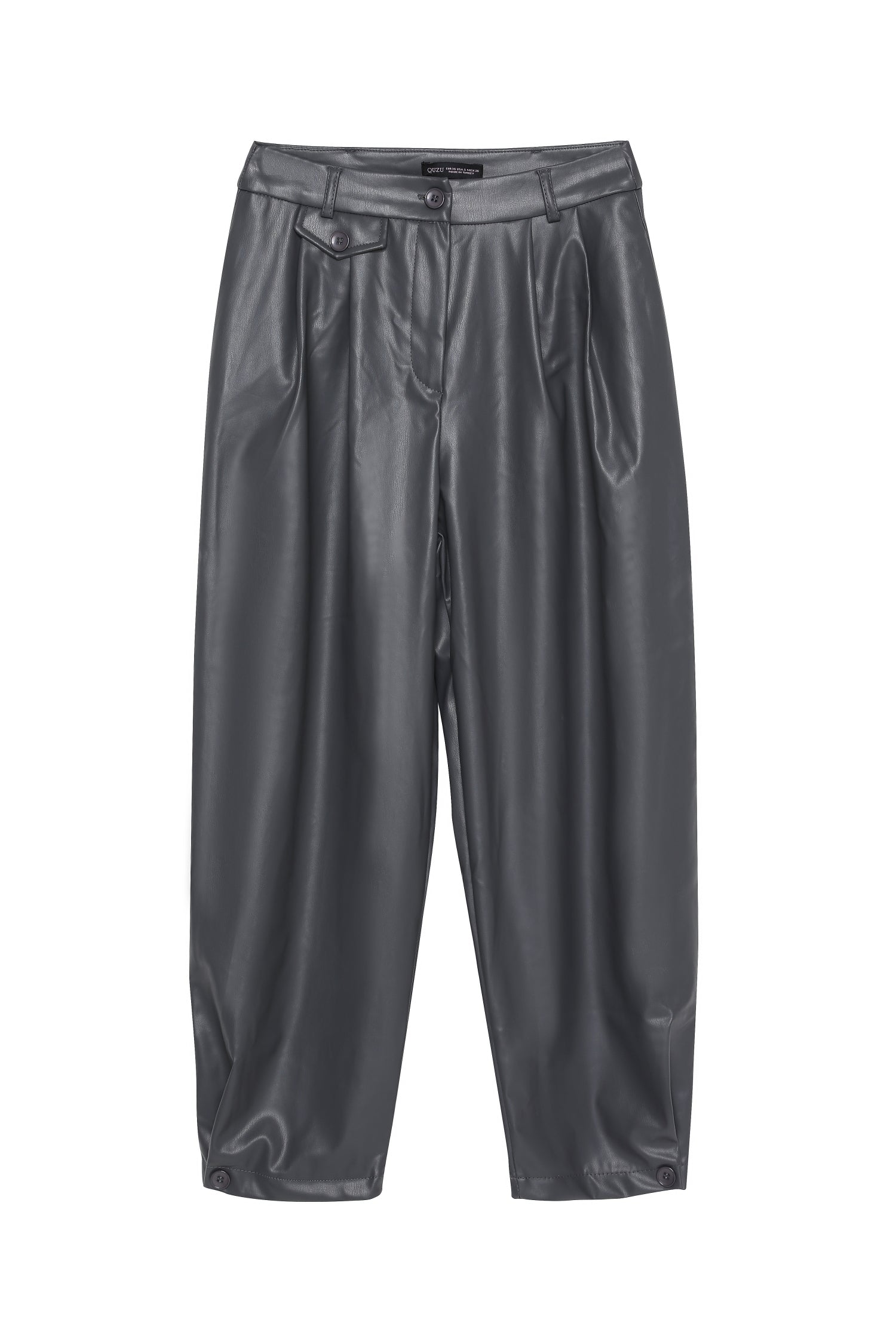 High Waist Leather Trousers with Button Detail Anthracite