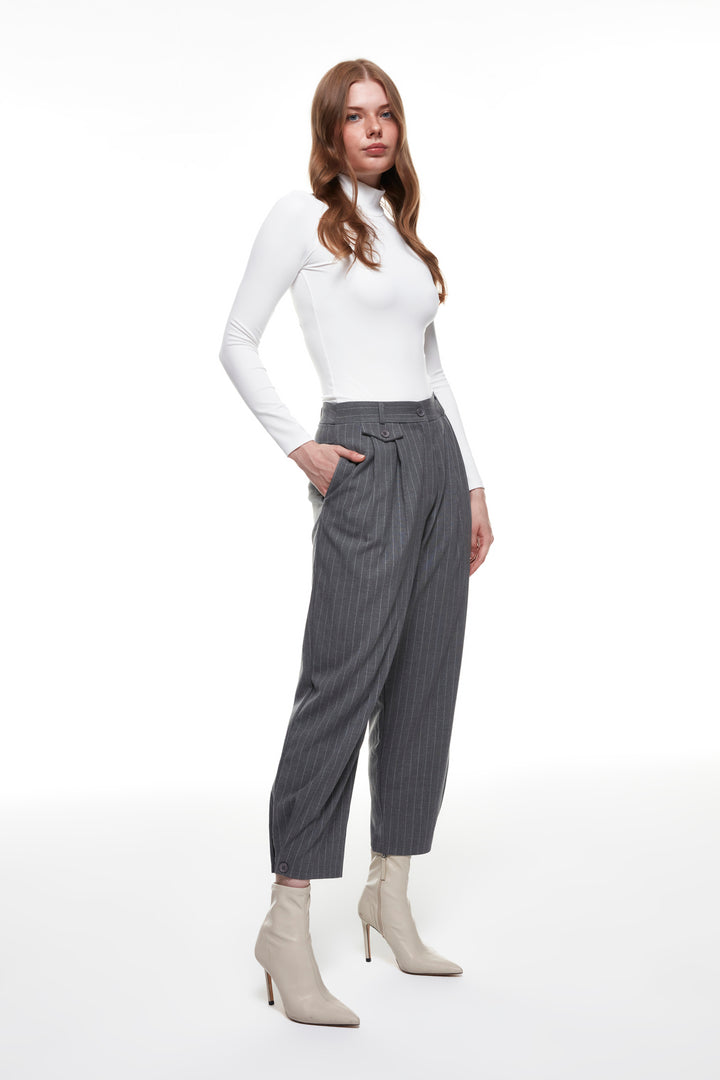 Button Detailed Striped Trousers Dark Gray