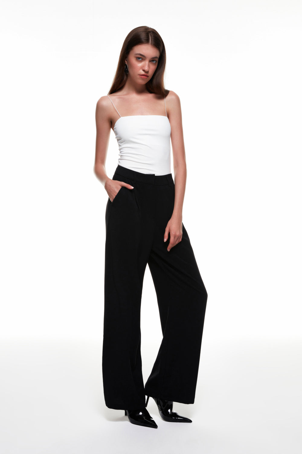 High Waist Wide Leg Fabric Trousers Black